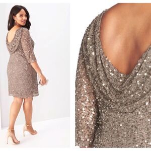 Pisarro Nights Draped Back Sequin Beaded‎ Dress Mocha 20W